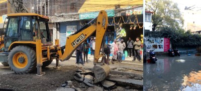  थापाथलीमा फुटेको खानेपानीको पाइप मर्मत , ५ लाख लिटर पानी खेर गयो 