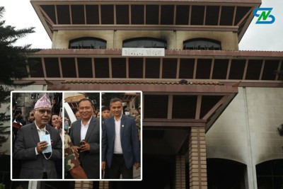  अन्तरिम सरकारका तीन मन्त्रीद्वारा क्षतिग्रस्त संसद् भवनको अवलोकन 